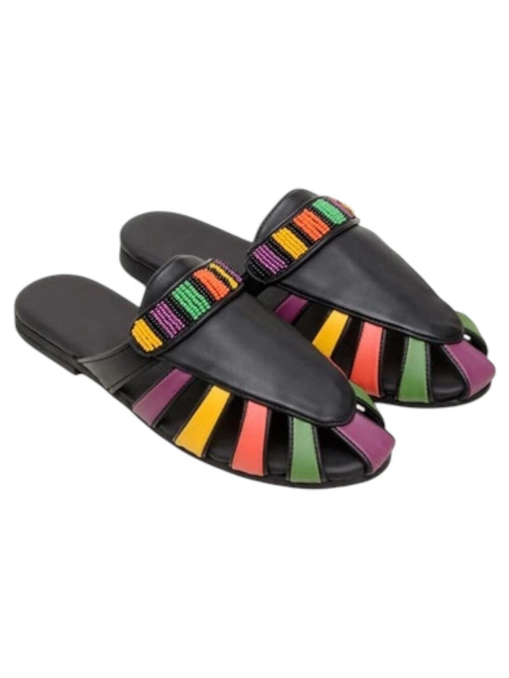 Farm Rio Black Rainbow Beaded Mule Vegan Leather - Size 6.5 US, 37 EU